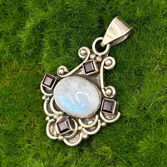 Sterling Silver Moonstone Garnet Pendant Vtg Boho Hippie 90s Multi Gemstone - Picture 3 of 13